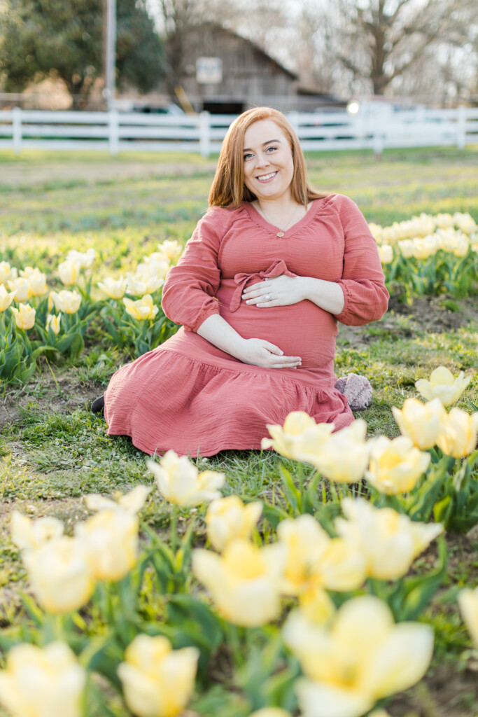 Maternity photos in the field of tulips at Dewberry Farm in Kernersville. Brooke Grogan Photography. 