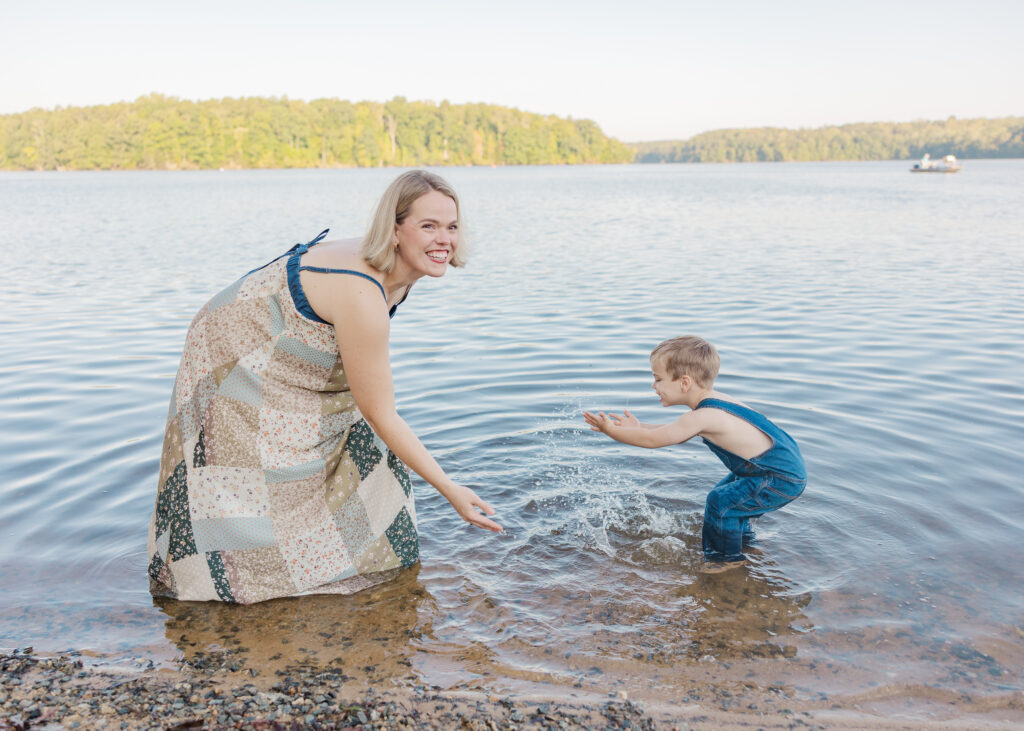 Candid family moment at Lake Brandt in Greensboro, NC